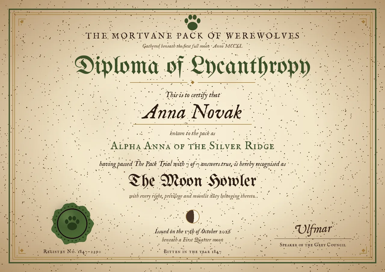 Sample Diploma of Lycanthropy from the werewolf quiz, issued by The Mortvane Pack of Werewolves to Anna Novak