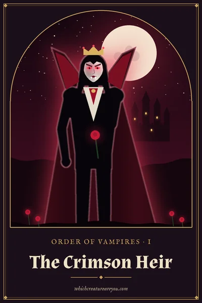 The Crimson Heir personality card: a crowned vampire in a high red-lined collar holding a rose, with a castle and a full moon behind