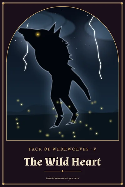 The Wild Heart personality card: a werewolf leaping through a stormy meadow with lightning and fireflies