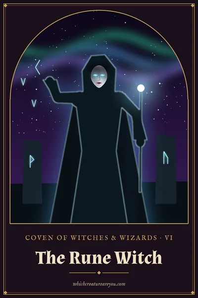 The Rune Witch personality card: a hooded witch with a glowing staff and floating runes under the northern lights