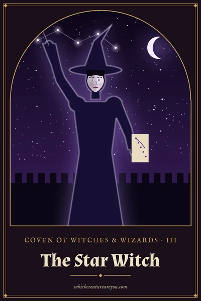 The Star Witch personality card: a witch in a pointed hat tracing a constellation with a wand and holding a star chart