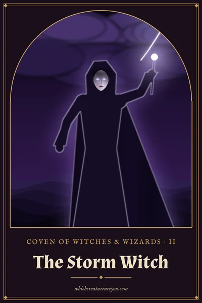 The Storm Witch personality card: a hooded witch raising a staff struck by lightning above a stormy sea
